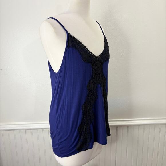 Express Size M Tank Top Camisole Y2K Lace Trim Blue Black Cross Back - Picture 3 of 12